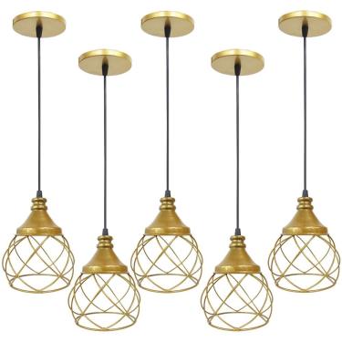 Imagem de 5 Pendente Aramado  Dourado Lustre Luminária Teto Regulável Sala Cozinha Industrial Agp