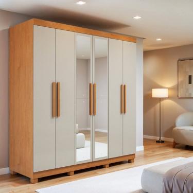 Imagem de Guarda Roupa Casal 6 Portas 2 Gavetas com Espelho e Pés Andara Soft Amêndoa Clean/Off White