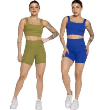 Imagem de KIT 2 Conjunto Top Alça Grossa e Short Smart Serra e Mar Alta Compressão Academia Moda...