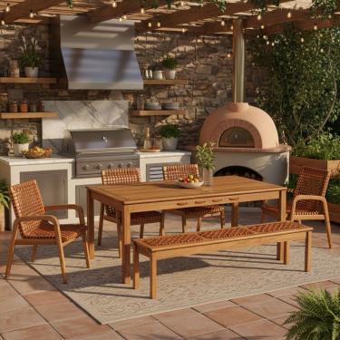 Imagem de Mesa de Jantar Com Banco de Madeira 180cm e 04 Cadeiras Trammare C07 Corda Ocre - Lyam Decor