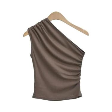Imagem de Camisola Feminina De Um Ombro Só Irregular Sem Mangas Sexy Lisa Casual