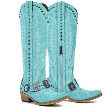 Imagem de Botas de cowboy Yolkomo Turquoise Knee High Green Leather 9W