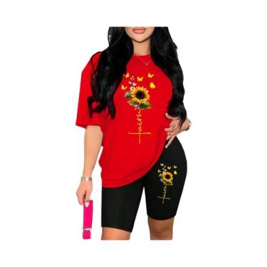Imagem de Conjunto Feminino De Duas Peças Com Estampa De Girassol E Borboleta, C