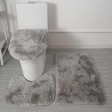 Imagem de 3 pçs/set Conjunto de tapete de banheiro colorido tie-dye tapetes de banho antiderrapantes retangulares em forma de u tapetes de banheiro e kit de tampa de tampa, cinza escuro