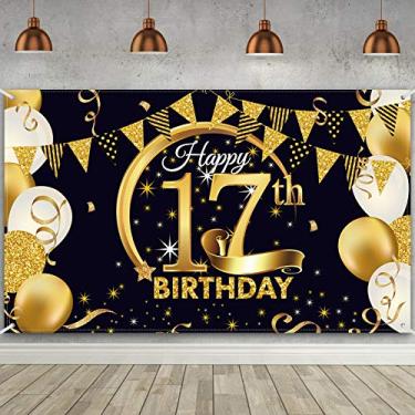 Imagem de Decoração de festa de aniversário de 17 anos, pôster extragrande de tecido preto dourado para banner de fundo de cabine fotográfica de 17 anos, suprimentos para festa de aniversário de 17 anos, 182 x