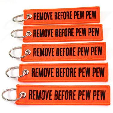 Imagem de Remove Before PEW PEW - Pacote com 5 chaveiros (laranja neon/preto)