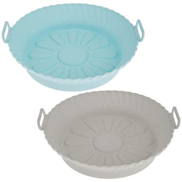 Imagem de 2 peças de panela de silicone para fritadeira a ar com alça reutilizável forro para fritadeira a ar resistente ao calor cesta de silicone para assar redonda forros de acessórios para fritadeira a ar forno, micro-ondas