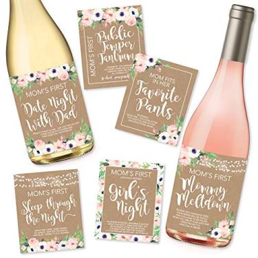 Imagem de 6 adesivos Mommy's First Milestone ou etiquetas de vinho, ótimas ideias de presente para chá de bebê para a mamãe, primeiros momentos divertidos da mamãe depois de ter uma nova menina ou menino, primeiro encontro com o papai e mais