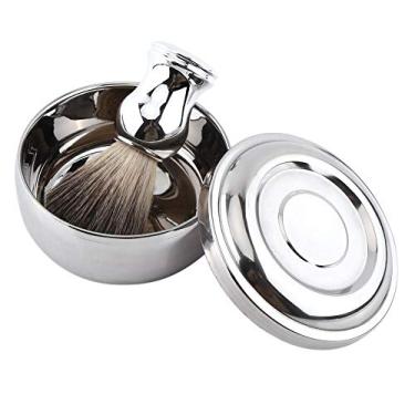Imagem de Conjunto masculino de barbear para barba, caneca de sabão de barbear de liga com tampa + cabo prateado escova de cabelo de texugo falso kit de ferramentas de barbear para homens