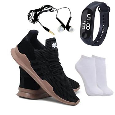 Imagem de Tênis Caminhada Corrida Leve Macio Confortável Academia Fitness + Relógio + Meia + Fone - Preto+bege - 41