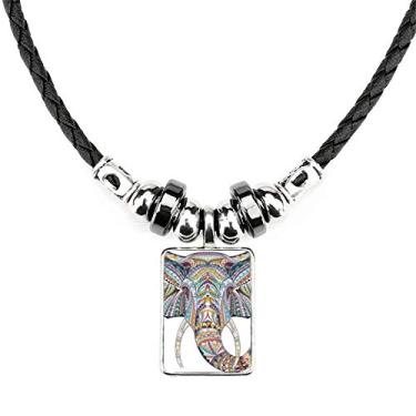 Imagem de DIYthinker Colar com design de elefante colorido estilo mosaico, joia com pingente de corda de couro