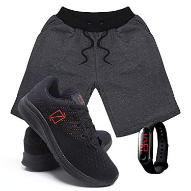 Imagem de Kit Bermuda Moletom Masculina + Tenis Masculino Conforto + Relógio Digital - Grafite-PretoLaranja/GG-37