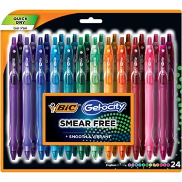 Imagem de BIC Gel-ocity Secagem rápida (seca até 3 vezes mais rápida) Cores super brilhantes 24 pacotes, sem manchas, cores sortidas canetas de gel retrátil, ponta média 0,7 mm, canetas coloridas para adultos mulheres e homens (RGLCGA24-A-AST)
