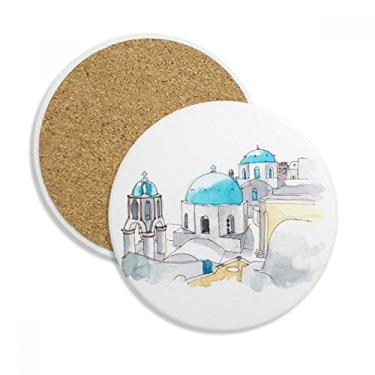 Imagem de Porta-copos de cerâmica Imerovigli Village em Santorini, Grécia, porta-copos com pedra absorvente para bebidas, presente de 2 peças
