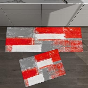 Imagem de Conjunto de 2 tapetes de cozinha abstrato vermelho cinza branco grafite arte para tapetes acolchoados no chão tapetes e tapetes antiderrapante absorvente corredor confortável tapete de pé