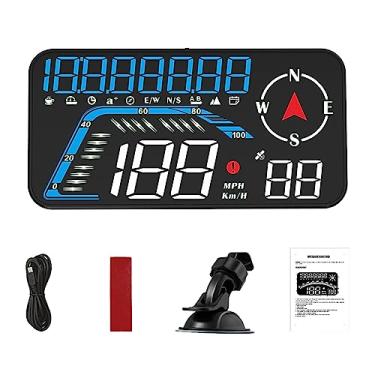 Imagem de Riloer Visor de cabeça para carro com chip GPS, bússola e sensor de luz, HUD com tela LED HD de 5,5" (12,18 x 6,85 cm), display automotivo universal HUD Head-Up Display GPS Overspeed Display G12, azul e branco
