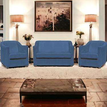 Imagem de Namoradeira Decorativa Para Recepção + 2 Poltronas Decorativas Para Sala De Espera Mila Suede Cores Pé Castanho (Azul-marinho)
