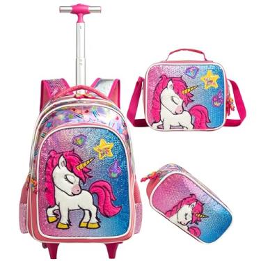 Imagem de Mochila de Rodinhas Infantis CUTBLAJAT com Kit de 3 Peças - Bolsa Feminina, Lancheira e Estojo - Estampa de Unicórnio de Diamante