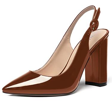 Imagem de WAYDERNS Sapatos femininos de couro envernizado bico fino tira no tornozelo salto alto bloco sapatos sexy vestido de casamento 4 polegadas, Marrom, 9
