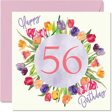 Imagem de Lindos cartões de aniversário de 56 anos para mulheres - buquê de flores de tulipas em aquarela - cartão de feliz aniversário para sua avó, babá, avó, mãe, presentes de aniversário, 14 x 14 cm, lindo presente de cartões de felicitações florais