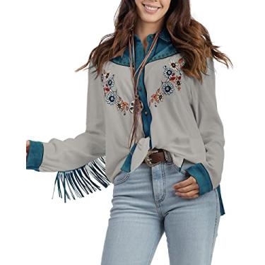 Imagem de JOHN MOON Camisas femininas bordadas ocidentais de manga comprida com botões, blusas retrô de cowgirl com franjas, cinza