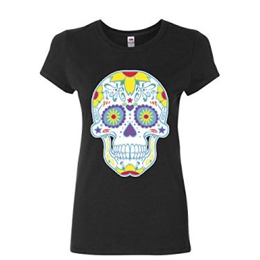 Imagem de Camiseta de algodão Sugar Skull Day of The Dead Calavera Dia de Los Muertos, Preto, M