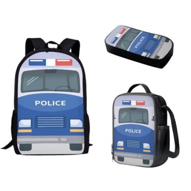 Imagem de Spowatriy Mochila 3 em 1 de carro de polícia de 43 cm para escola, menino, volta às aulas, conjunto de mochila 3 em 1 com lancheira e estojo, nova mochila de grande capacidade com alças acolchoadas