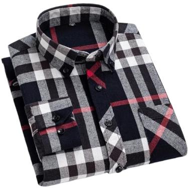 Imagem de Camisa social masculina xadrez clássica de flanela com botão e bolso frontal para inverno, C-155, GG