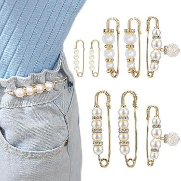 Imagem de Harewu 8 broches de pérolas, alfinetes de segurança para roupas, calças, saia, cardigã e colarinho, broches de strass de pérolas falsas para mulheres e meninas, extensor de calças, alfinetes de