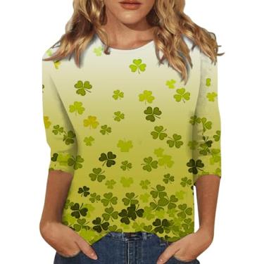 Imagem de Camisetas femininas do Dia de São Patrício com estampa de trevo da sorte irlandesa, túnica verde, camisetas com manga 3/4, Amarelo, G