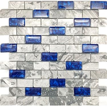 Imagem de Azulejo de metrô de vidro misto de pedra 1 x 2 mosaico cinza polido e azul real para cozinha e parede de banheiro mini mosaicos de tijolos de mármore natural para chuveiro (11 pés quadrados)