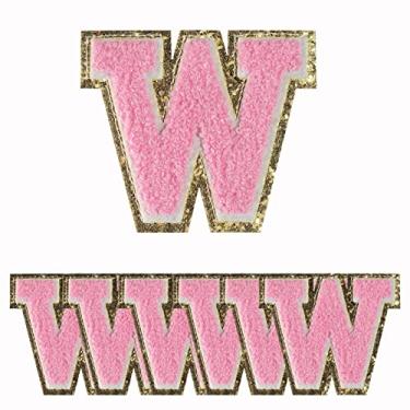 Imagem de 6 peças de adesivos de ferro em letras, remendos dourados com glitter e chenil rosa, adesivos decorativos bordados personalizados costurados para roupas de conserto de chapéus, camisas, sapatos, jeans