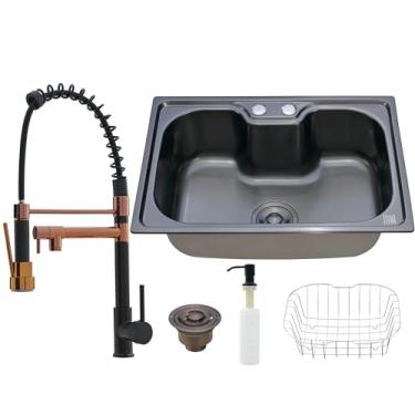 Imagem de HOLTTER Kit Cuba Aço Inox com Torneira Gourmet Flexível Cuba Gourmet Aço Inox com Acessórios Torneira Gourmet de Bancada Flexível Monocomando Torneira Gourmet de Parede (Bancada, Rose Gold + Preto)
