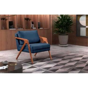 Imagem de Poltrona Decorativa Mona Luxo Veludo Azul Marinho e Base Madeira Maciça
