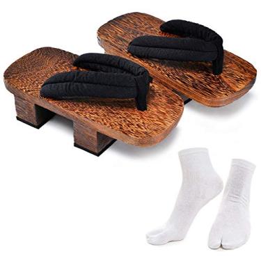 Imagem de Azumasun Tamancos japoneses de madeira com meias Tabi para homens e mulheres, Marrom e preto, 8-9 Women/8-9 Men