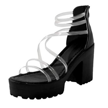 Imagem de Sandálias femininas elegantes de verão salto alto sexy salto agulha bico aberto plataforma tira no tornozelo sandálias de cristal brilhante, C1 - Preto, 10.5