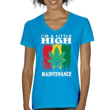 Imagem de Camiseta feminina com gola V I'm a Little High Maintenance Funny Weed Smoking 420 Stoner IV XX Smoke Marijuana Cannabis Humor Tee, Turquesa, G