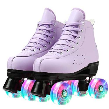 Imagem de Patins para mulheres e homens, sapatos de cano alto, clássicos de duas fileiras, patins de quatro rodas para homens e meninas, unissex (roxo flash, 34 = BR: 4,5)