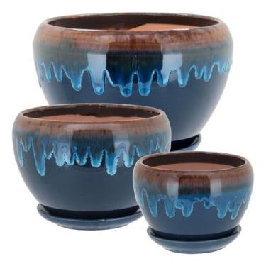 Imagem de Cachepô vaso decorativo planta cerâmica azul 3pç - NH, Material: Cerâm