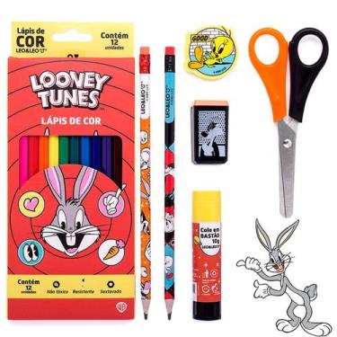 Imagem de Lapis De Cor 12 Cores Looney Tunes - Kit Escolar 6 Peças - Leonora