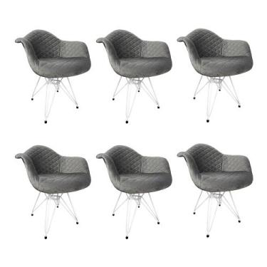Imagem de Kit 6 Poltronas Jantar Eames Eiffel Estofadas Cinza Base Ferro Branco 