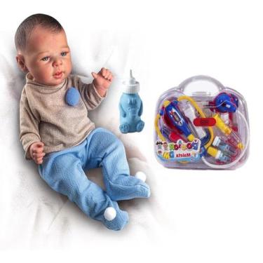 Imagem de Kit Boneca Realista Reborn Menino + Maleta Médico Luz e Som - DM Toys 