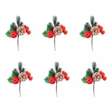 Imagem de Kit 6 Buquê Flor Natal Cerejinha Maçã 16cm Neve Folhagem - Multiart