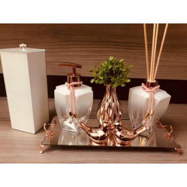 Imagem de Kit Lavabo Pia Jogo Saboneteira Branco Rose Gold Porta Escovas - Ateli