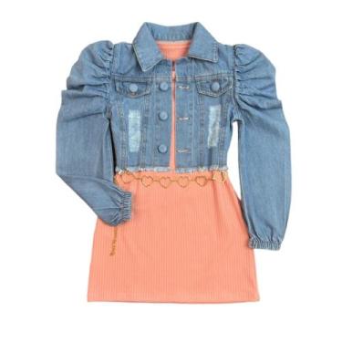 Imagem de Vestidinho Infantil E Jaqueta Jeans Blogueira+ Cinto Coração - Ak Fash