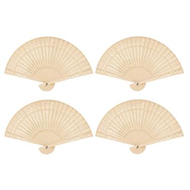 Imagem de FoDau770 Ventiladores dobráveis de madeira, 4 peças de ventiladores de mão de madeira clássicos, ventiladores redondos de madeira esculpida vazada com borla para cosplay, dança, decoração, festa