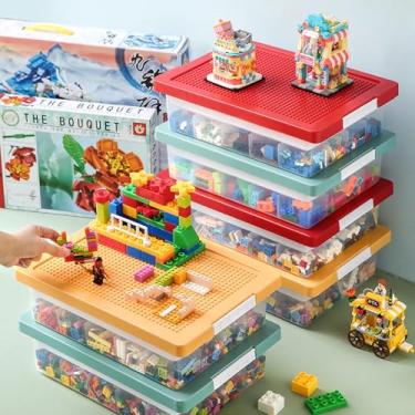 Imagem de Caixa organizadora de brinquedos para Lego, caixa de armazenamento de brinquedos com tampa de placa de construção e bandeja removível, armazenamento de blocos de construção, caixas organizadoras de