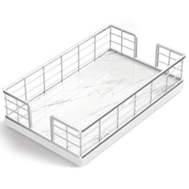 Imagem de Wican Bandeja de suporte de toalha de hóspede de mármore para banheiro, suporte de guardanapos para lavabo mesa de jantar cesta de madeira para toalhas de mão de papel descartáveis prateado e mármore