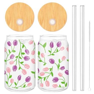 Imagem de Whaline Pacote com 2 copos de café gelado rosa roxo tulipa flor copos de bebida copo de cerveja floral vidro com tampa escova de limpeza de palha para presentes de escritório em casa, 473 ml