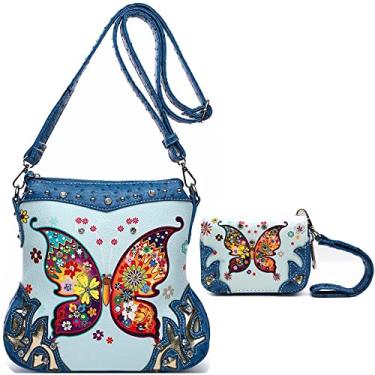Imagem de Bolsa feminina de mola com flor de borboleta, estilo ocidental, CCW, strass, tachas, bolsas transversais, conjunto de mini carteira combinando, Conjunto azul, One Size